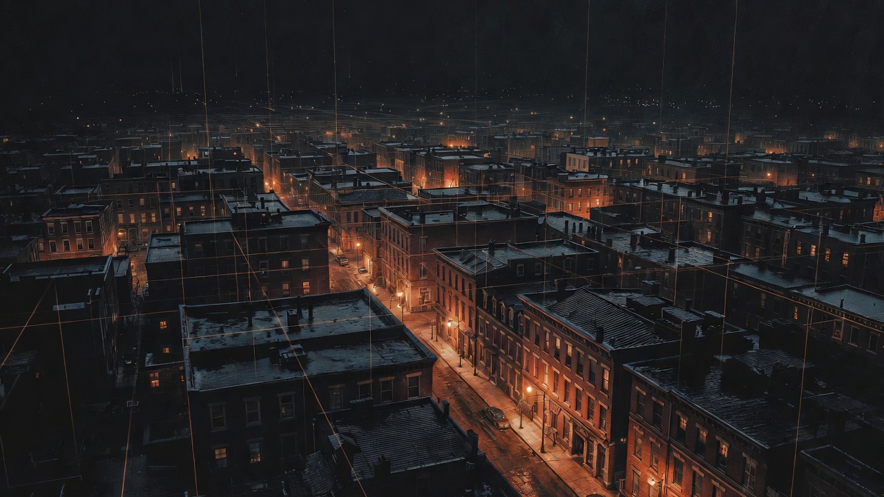Emberdale at night — rooftops under faint ward lines, streets lit amber